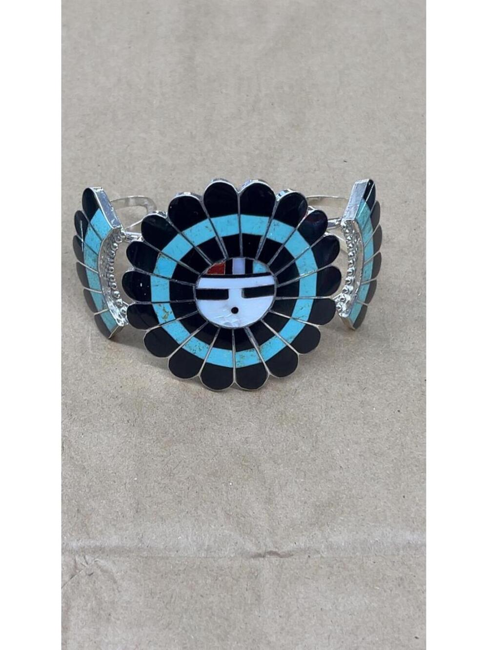 Zuni handmade sterling silver mother of pearl turquoise inlay sunface bracelet